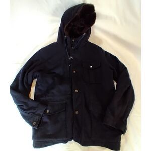 TOMMY HILFIGER FAUX FUR WOOL BLEND COAT SIZE LARGE BLACK BROWN POCKETS